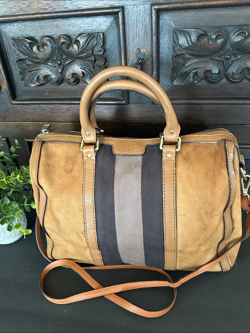 Suede Top-Handle Satchel with Center Stripe